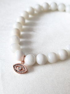 White Mother Of Pearl & Rose Gold Evil Eye Charm