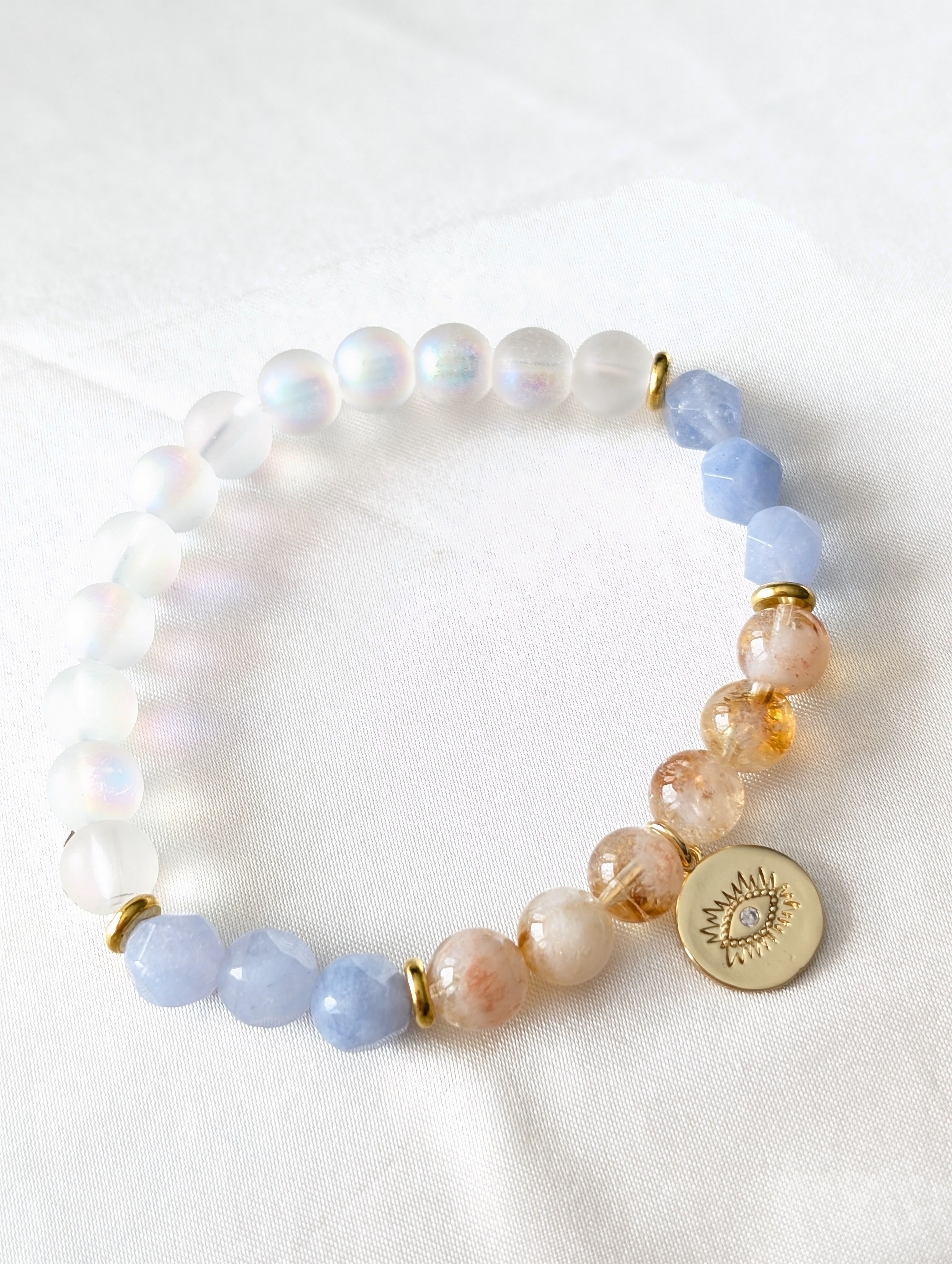 Mystic Aura, Aquamarine, Citrine & Gold Evil Eye Disc Charm