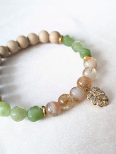 Green Jade, Citrine, White Wood, Gold Leaf Charm