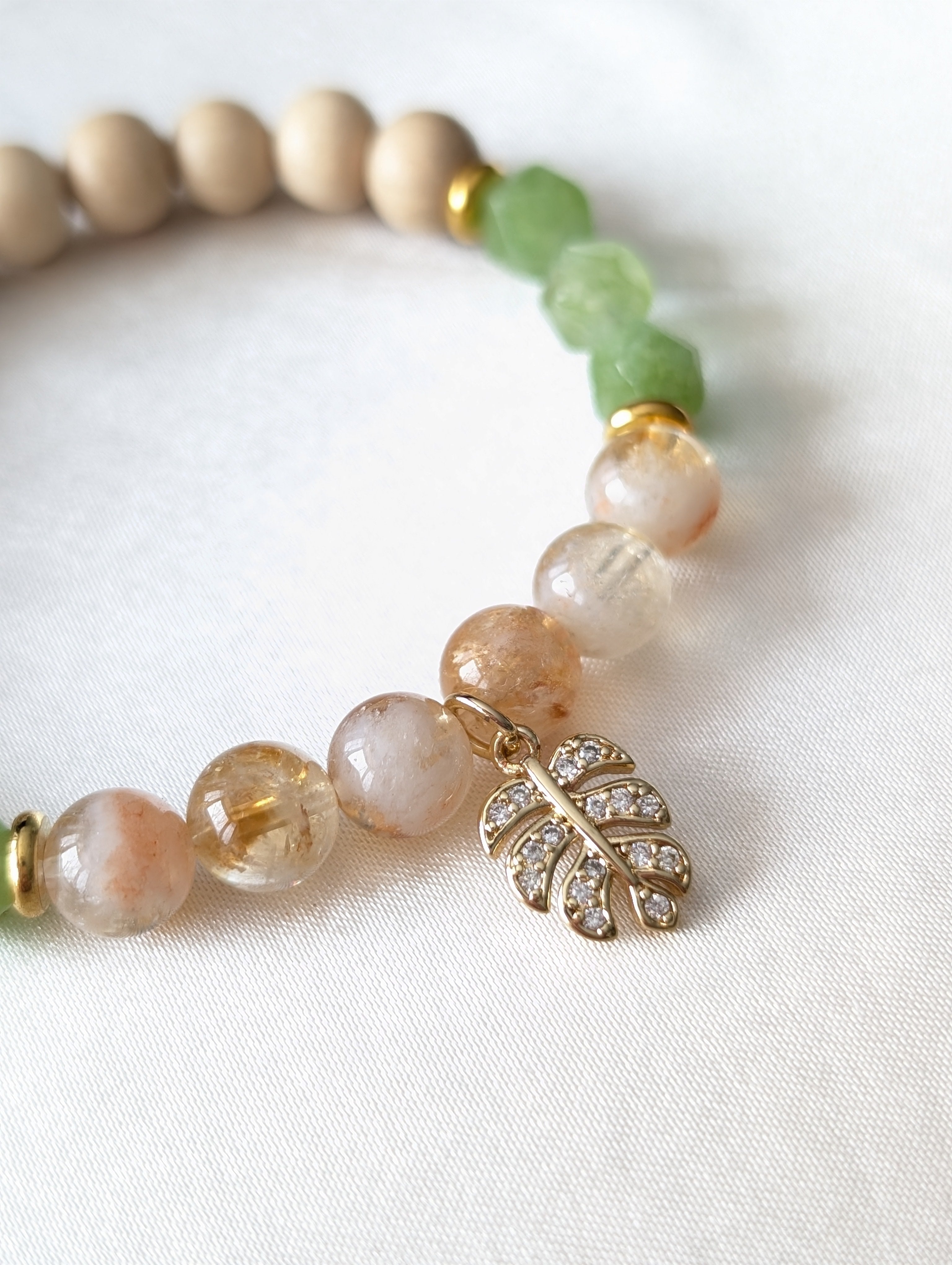 Green Jade, Citrine, White Wood, Gold Leaf Charm