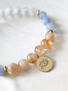 Mystic Aura, Aquamarine, Citrine & Gold Evil Eye Disc Charm